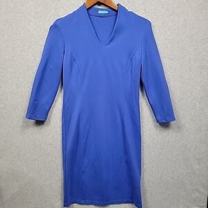 J. Mclaughlin Sheath Dress 3/4 Sleeve Blue Women's Small Stretch V-Neck Ponte